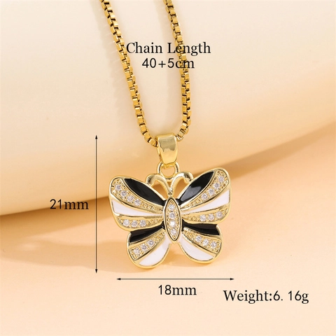 Butterfly Pendant Necklace Gold Plated Stainless Steel Copper Zirconia Black White Enamel Box Chain Elegant Jewelry For Women