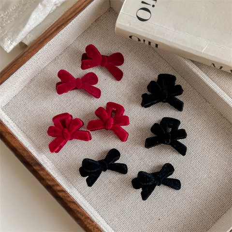 Velvet Bow Hair Clips With Faux Artificial Pearl Retro French Style Red Black Flocking Bowknot Duckbill Clips For Women Girls