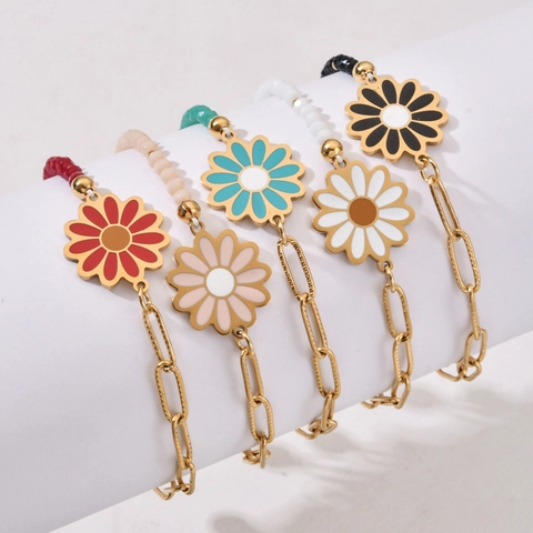 Madeliefje Hanger Armband Roestvrij Staal Emaille Bloem Splice Gefacetteerde Kralen Ketting Boho Sieraden Vrouwen