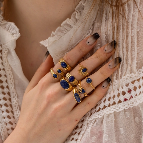 Vintage Titanium Steel Lapis Lazuli Jewelry Set Gold Plated Retro Sun Coin Ring Necklace For Women Bohemian Fashion Accessory