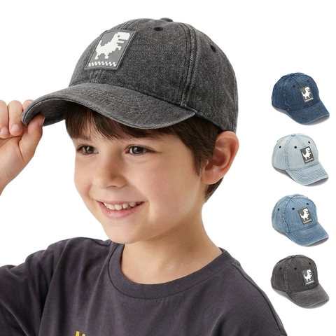 Kids Baseball Cap Washed Cotton Denim Breathable Sun Protection Outdoor Fashion Pixel Dinosaur Patch Boys Hat Adjustable