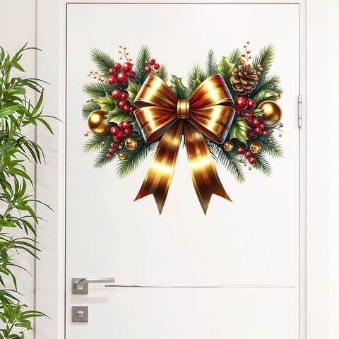 Christmas Wall Sticker PVC Waterproof Golden Bow Pine Needle Red Berry Door Window Home Holiday Decoration Self Adhesive