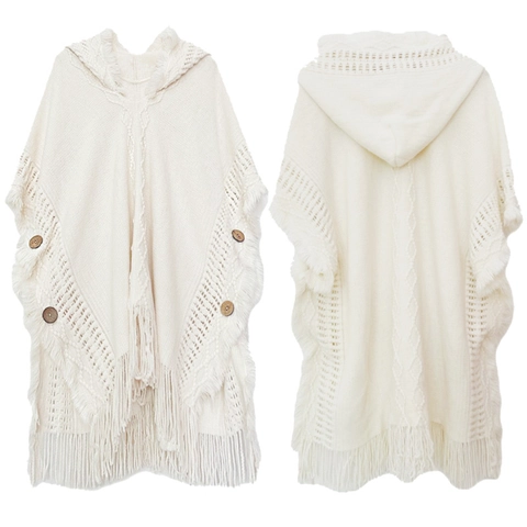 Women Bohemian Knitted Hooded Poncho Shawl Solid Color Tassel Open Front Wrap With Wooden Buttons Warm Autumn Winter Outerwear