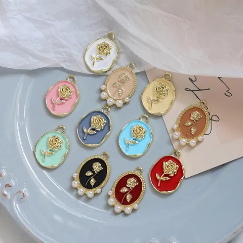 Vintage Rose Enamel Charms Alloy Relief Flower Pendants With Faux Artificial Pearls For DIY Jewelry Making Necklaces Earrings Accessories