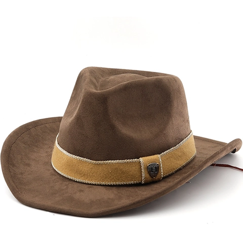 Western Cowboy Hat Faux Suede Wide Brim Vintage Fedora Style Adjustable Strap For Men Women Outdoor Travel Sun Protection