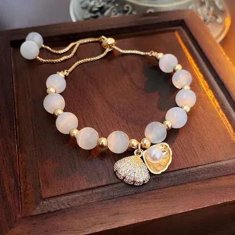 Pulsera De Cuentas De Ojo De Gato Con Colgante De Concha Perla Artificial Cobre Chapado En Oro Joyería Elegante Para Mujer