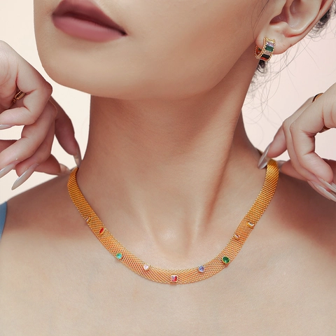 Collana E Bracciale In Acciaio Inossidabile Con Maglia Intrecciata E Zirconia Multicolore Oro Argento Placcato PVD Moda Donna