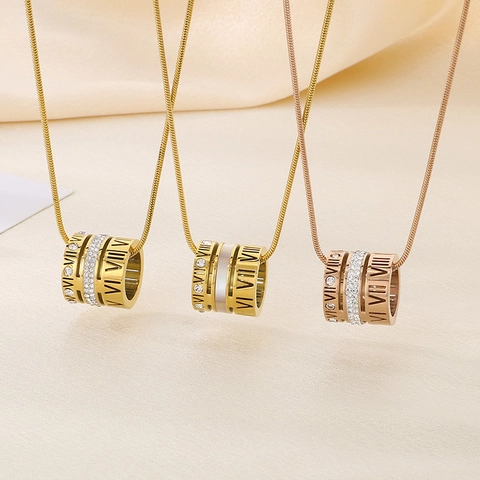 Roman Numeral Cylindrical Pendant Necklace Stainless Steel Hollow Out Rhinestone Shell Inlaid Snake Chain Jewelry Women