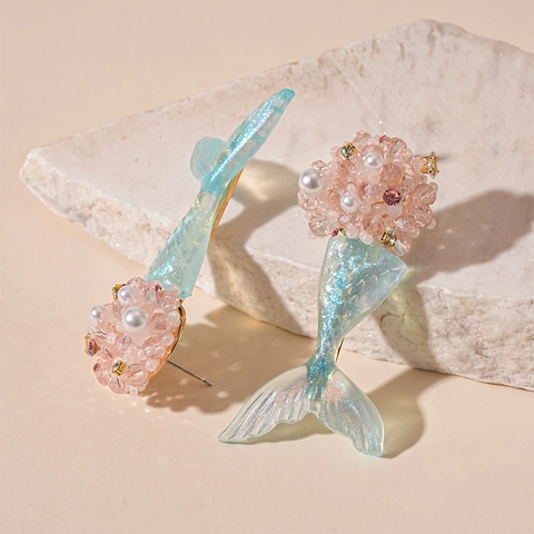 Pendientes Colgantes De Cola De Sirena Con Poste De Plata De Ley 925 Resina Perlas Artificiales Joyería De Ensueño Para Mujer