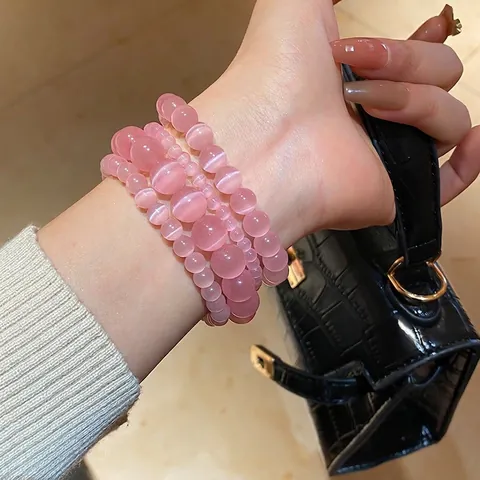 Pink Cat Eye Stone Beaded Bracelet Elegant Round Gemstone Elastic Bangle Fashion Jewelry For Women Girls Gifts