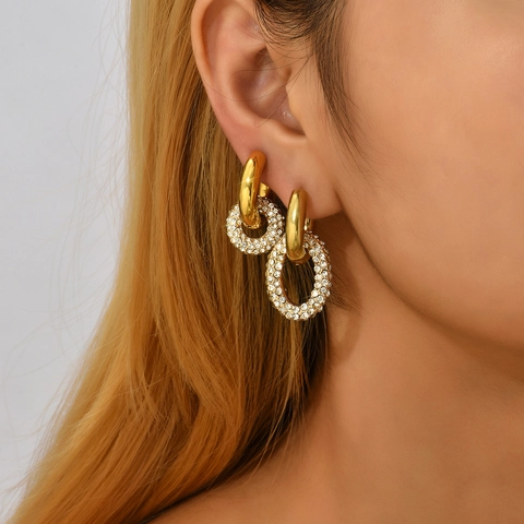 Stainless Steel 18K Gold Plated Pave Rhinestone Geometric Oval Hoop Earrings Asymmetric Double Ring Ear Buckle Jewelry For Women