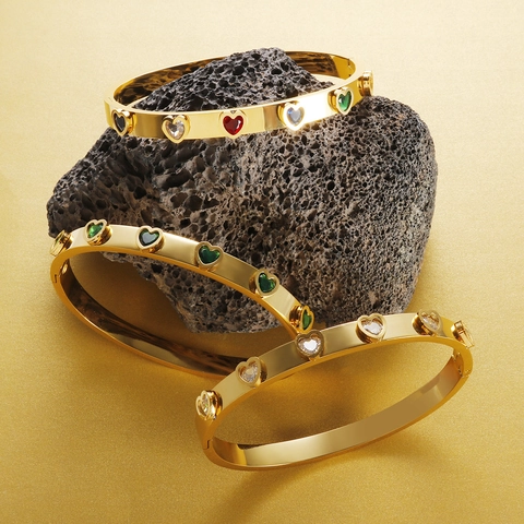 Western Style Heart Bangle Fashion Commuter Stainless Steel Bracelet Colorful Rhinestone Inlaid Open Bangle For Women Lovers Jewelry