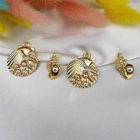 Ocean Theme Alloy Charms Golden Shell Starfish Conch With Faux Artificial Pearls DIY Jewelry Making Accessories