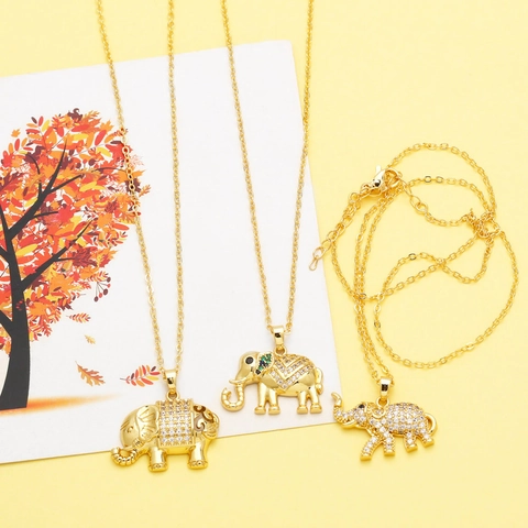 Elephant Pendant Necklace Gold Plated Brass With Colorful Zircon Fashion Animal Jewelry Gift For Women