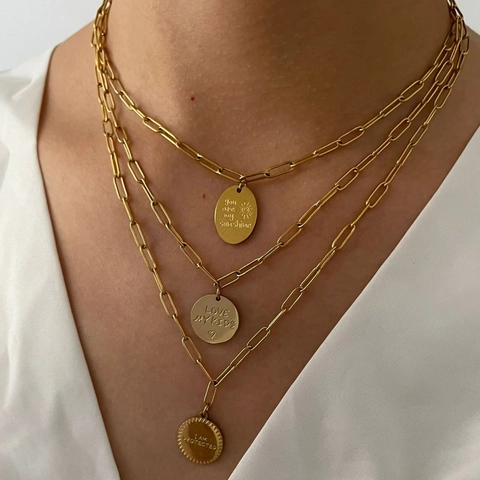 18K Vergoldete Edelstahl Halskette Gravierter Sonnenschein Anhänger Büroklammer Kette Schmuck Für Damen Wasserdicht Minimalistisch