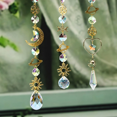 Crystal Suncatcher Wind Chime Gold Metal Moon Star Sun Pendants Rainbow Maker Window Garden Outdoor Decor Bohemian Hanging
