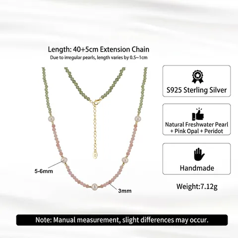 14K Gold Plated 925 Sterling Silver Freshwater Pearl Pink Opal Peridot Beaded Necklace For Women Elegant Handmade Gemstone Jewelry
