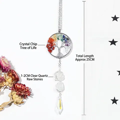Crystal Tree Of Life Hanging Ornament With Multi Color Crushed Stones And White Crystal Raw Stone Prism Pendant Handmade