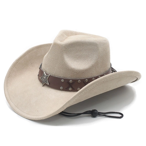 Ethnic Western Cowboy Hat Wide Brim Suede Fedora With Star Badge Studded Leather Band And Adjustable Wind Rope For Men Women