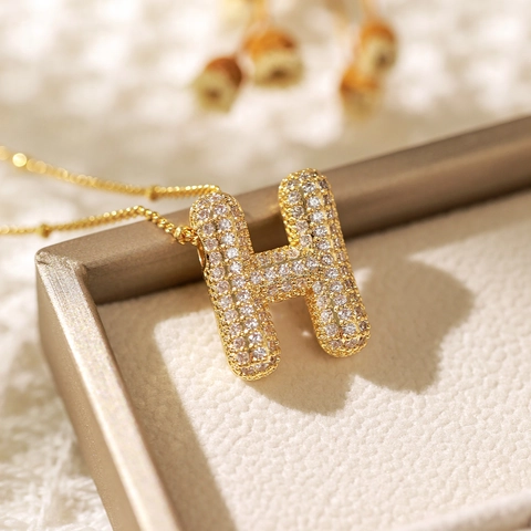 Alphabet Puffy Pendant Necklace 18k Gold Plated Copper Zirconia Initial Letter Balloon Pendant Jewelry For Women