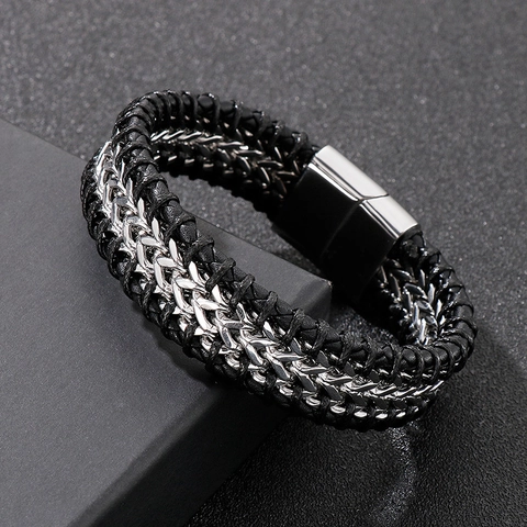 Bracciale In Pelle Intrecciata Da Uomo Con Catena In Acciaio Inossidabile Stile Punk Retro Chiusura Magnetica Gioiello Biker