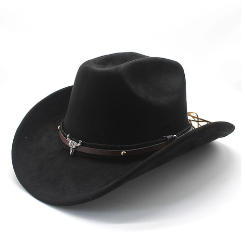 Western Cowboy Hat Retro Suede Felt Wide Brim With Bull Head Skull Metal Ornament Rivets For Men Women Vintage Style