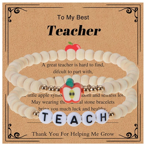 Wood Bead Bracelets With Acrylic Letters And Alloy Apple Charm Teacher Appreciation Graduation Thanksgiving Gift