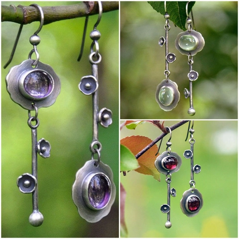 Vintage Asymmetric Flower Vine Long Drop Earrings Alloy Antique Silver Finish Oval Gemstone Bohemian Forest Style For Women