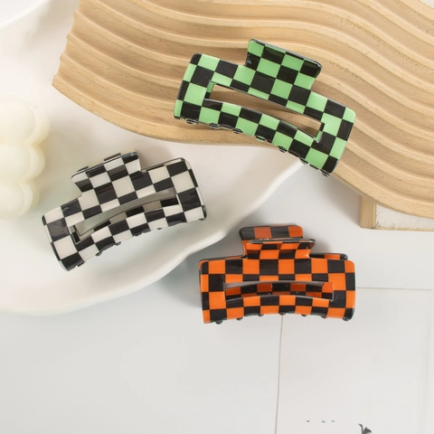 Checkerboard Hair Claw Clips Acetate Acrylic Hollow Rectangle Shark Clips Retro Fashion Hair Accessories For Women