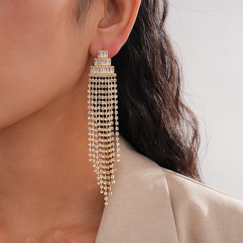 Geometrische Dreieck Lange Quaste Tropfen Ohrringe Mit Silver Earring Post Kupfer Zirkon Strass Schmuck Für Frauen