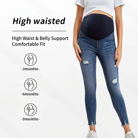 Jeans Strappati Premaman Donna Vita Alta Supporto Ventre Slim Fit Distressed Sollevamento Fianchi Blu Lavato A Matita