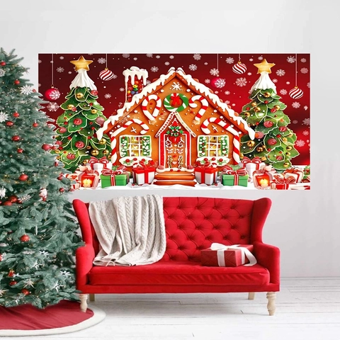 Kerst Achtergrond Tapijt Gemberkoekhuisje Kerstboom Sneeuwvlok Polyester Wandkleed Voor Feestdag Decoratie Huisdecoratie