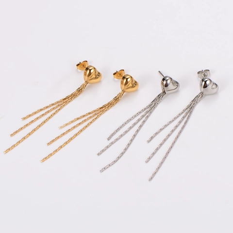 Herz Quaste Hängeohrringe Edelstahl 18K Vergoldet Elegant Lange Kette Drop Ohrstecker Mode Schmuck Damen