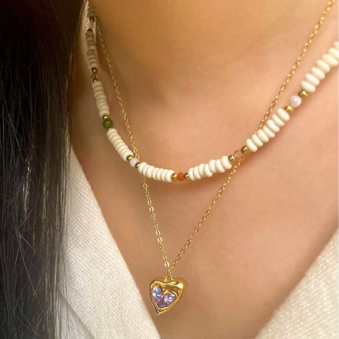 Collar en Capas de Acero Inoxidable 316L Chapado en Oro de 18K Colgante de Corazón Púrpura de Circonia Cadena de Cuentas Multicolor Joyería para Mujer