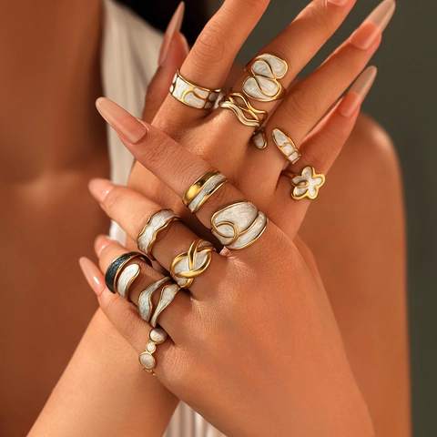 Adjustable Ring And Bangle Stainless Steel 18K Gold Plated Enamel Marble Texture Heart Design Fashion Jewelry For Women