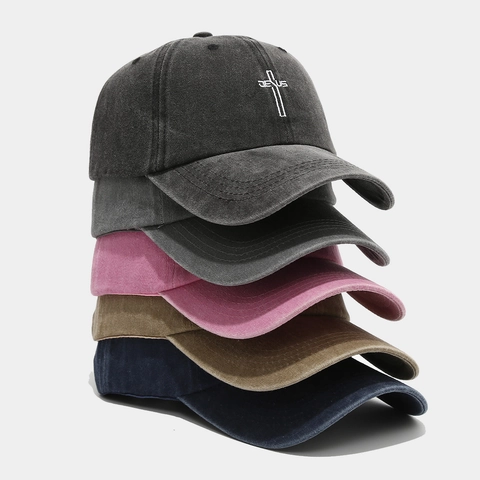 Berretto Da Baseball In Cotone Lavato Ricamo Croce Gesù Vintage Protezione Solare Regolabile Cappello Casual Unisex