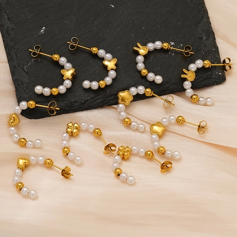 Artificial Pearl C-Shape Hoop Earrings 18K Gold Plated Stainless Steel Heart Butterfly Star Charms Hypoallergenic For Women