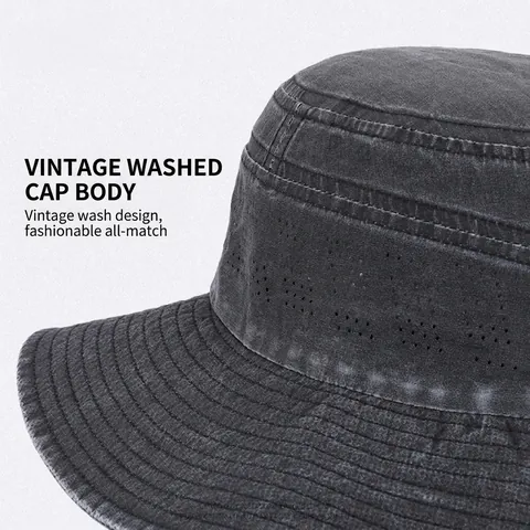 British Vintage Washed Bucket Hat Wide Brim Breathable Sun Protection Outdoor Fishing Hiking Cap With Adjustable Windproof Rope