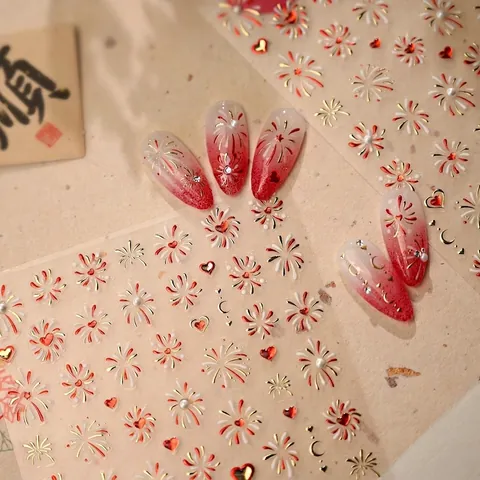 Nail Art Stickers 5D Relief Embossed Red Gold Fireworks Heart Moon Festive Chinese New Year Decoration Self Adhesive