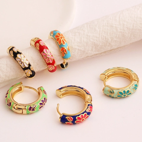 Floral Enamel Hoop Earrings Vintage Gold Plated Brass Ethnic Style Flower Pattern Jewelry Huggie Earrings For Women