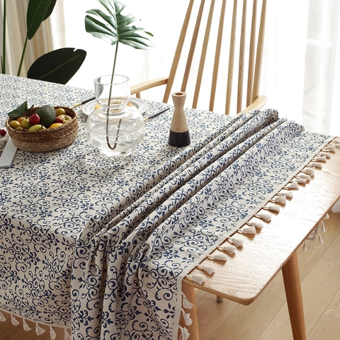 Vintage Floral Geometric Tablecloth Cotton Linen Blend Rectangular Round With Tassels Retro Blue White Porcelain Cover