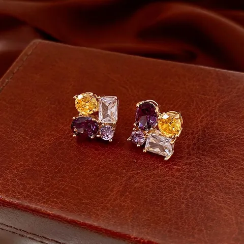 Pendientes De Boton De Circon Colorido Geometrico Ovalado De Cobre Con Poste De Plata De Ley 925 Para Mujer Lujo