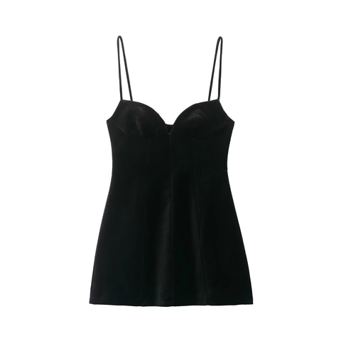 Black Velvet Mini Dress Spaghetti Strap Sweetheart Neckline Sleeveless Slim Fit Party Evening Bodycon For Women