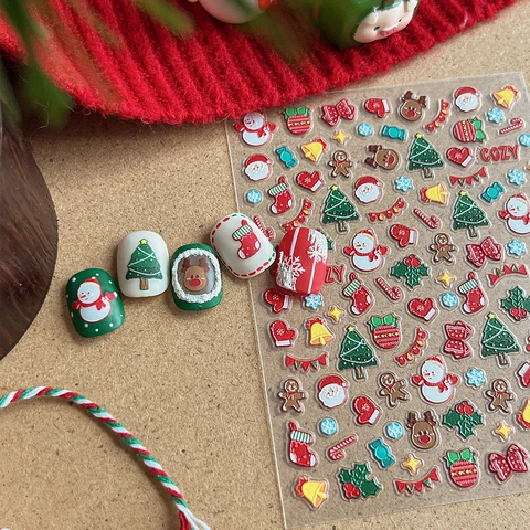 Stickers Ongles Noël 3D Relief Gaufré Auto Adhésifs Père Noël Bonhomme Neige Renne Sapin Pour Femmes Filles