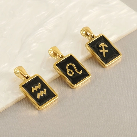 Collar Con Colgante Del Zodiaco Acero Inoxidable Chapado En Oro De 18K Esmalte Negro Doce Constelaciones Rectángulo Moda Mujer