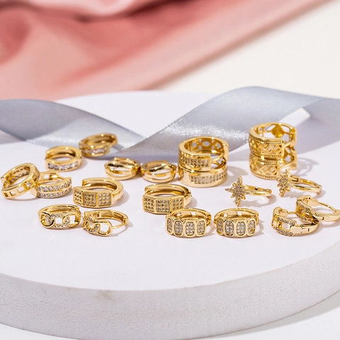 Geometric Hoop Huggie Earrings Copper Zircon CZ Inlaid Shiny Gold Silver Rose Gold Plated Fashion Jewelry For Women
