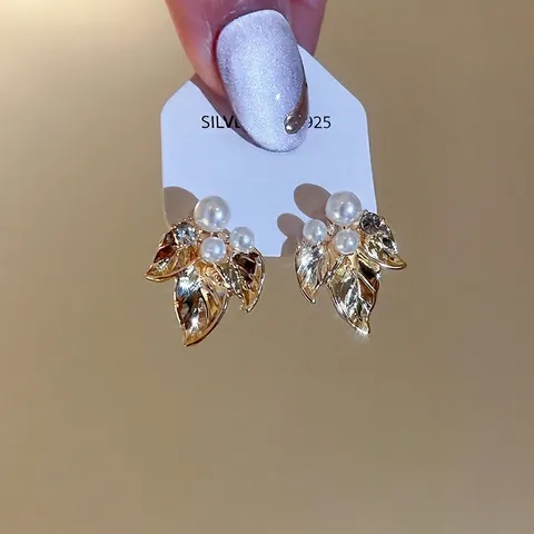 Elegant Leaf Stud Earrings With Imitation Artificial Pearls Rhinestones 925 Sterling Silver Earring Post French Vintage For Women