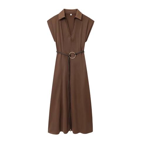Elegant Sleeveless Midi Dress Polyester Shirt Collar Solid Brown High Waist Belted Commute Fashion For Women