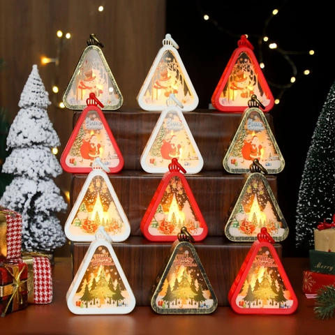 LED Christmas Lantern Night Light Triangular Plastic Glowing Hanging Ornament Vintage Desktop Holiday Decor Atmosphere