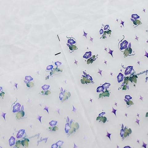 5D Embossed Nail Art Stickers Morning Glory Flower Purple Star Pattern Self Adhesive 3D Relief Manicure Decoration